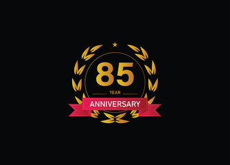 85 year anniversary celebration. Anniversary logo with ring and elegance golden color isolated on black background, vector design for celebration.