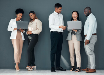 Aufkleber - Business people, group and laptop with coach for learning, proposal and teamwork by wall background together. Young executive team, diversity and mentor with men, women and computer for web design