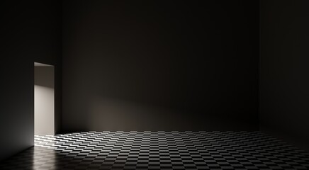 Wall Mural - empty room with checkered floor and one door. dark room with bright light coming from doorway.