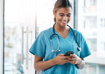 Aufkleber - Contact, social media and doctor with a phone for communication, email and schedule. Internet, reading and woman nurse typing on a mobile for an app chat, healthcare research and conversation