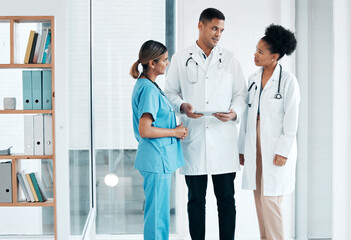 Poster - Doctors, nurse and tablet for healthcare team planning care, discussion or meeting about medical research. Women and man with app talking for communication, online consultation and advice in hospital