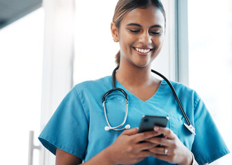 Aufkleber - Nursing, social media and doctor with a phone for communication, email and schedule. Medicine, internet and woman nurse typing on a mobile for an app chat, healthcare research and conversation