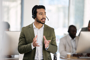 Canvas Print - Call center, serious and consulting with man in office for customer support, telemarketing and advisory. Help desk, team leader and contact us with employee listening for communication, sales and crm