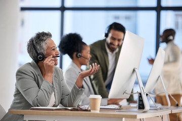 Aufkleber - Call center, office team and woman with telemarketing communication, customer support and telecom startup. Talking, happy chat and business people, employees or agent at consulting agency or company