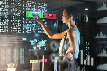Aufkleber - Hologram analytics, stock exchange pointing or woman buy financial share, future IPO database or night ui overlay. Forex investment, data analysis hud or African broker trading NFT, bitcoin or crypto