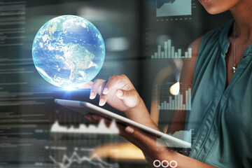 Leinwandbilder - Tablet, hands and globe hologram with analytics, graph and future technology with digital overlay and woman with finance. Global network, world stock market and 3D, with investment and big data code
