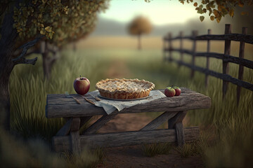 A slice of homemade apple pie on vintage wooden table in apple orchard. Generative AI