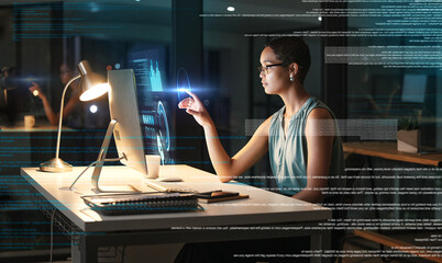 Poster - Computer, hologram graphs and woman point at finance hud, stock market database or future night overlay. Forex investment dashboard, web data analysis and African trader trading NFT or bitcoin crypto