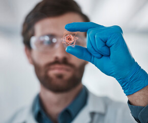 Aufkleber - Science, research and scientist with virus, medical and sample for particle, innovation and lab test. DNA, cancer and cell with male expert in blood, bacteria and particle analysis in a laboratory