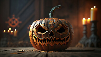 Wall Mural - Halloween pumpkin head jack lantern on wooden background, generative Ai