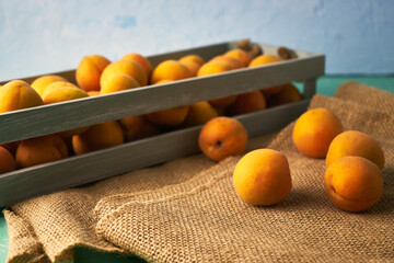 Wall Mural - ripe juicy apricots in a wooden box and on burlap