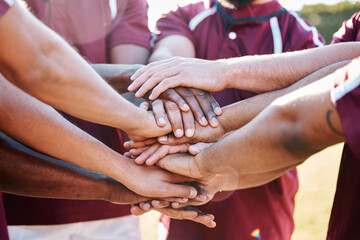 Poster - Hands, sports and collaboration in trust, partnership or unity together in solidarity for motivation. Hand of group in support of teamwork, goal or planning for strategy, sport game or win agreement