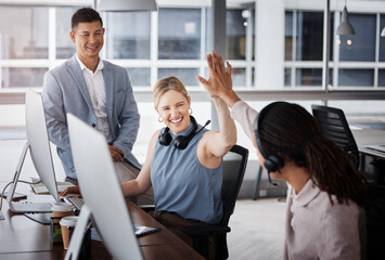 Poster - Customer support high five, consulting or team celebrate telemarketing success, contact us CRM goals or ERP telecom. Call center diversity, ecommerce winner or happy technical support consultant