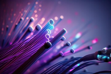 Wall Mural - Purple Blue Fiber Optic Data Cable Close-up. Photo generative AI