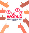 Vector poster World Compliment Day. Heart, likes, vector illustration. People giving thumbs up.  