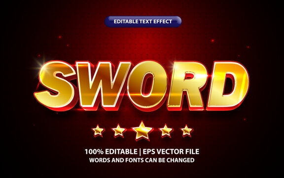 Sword text, editable text effect template, 3d bold golden gradient font style with gold star element