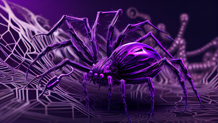 3d rendering of a spider in abstract technology concept with purple background