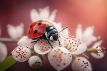 Spring Time: Close-up Picture Of Red Ladybug On The Blossoming Cherry Tree. Gentle Dreamy Background With Bokeh. AI