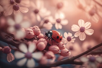 Wall Mural - Spring time: close-up picture of red ladybug on the blossoming cherry tree. Gentle dreamy background with bokeh. AI