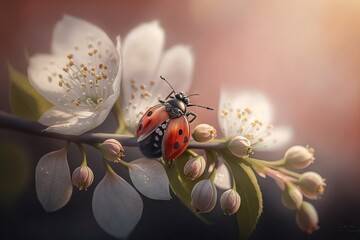 Wall Mural - Spring time: close-up picture of red ladybug on the blossoming cherry tree. Gentle dreamy background with bokeh. AI