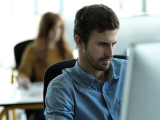 Aufkleber - Business man, computer work and concentrating on web designer planning a website layout. Content management, startup and employee working on creative strategy design with tech software in a company