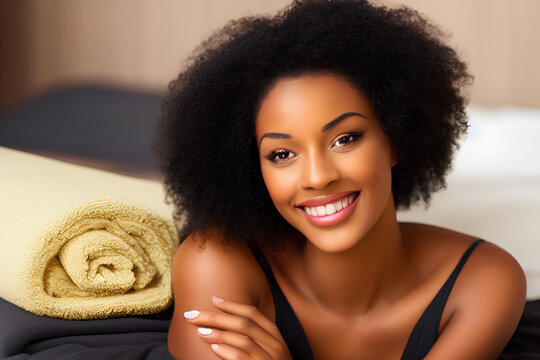Beautiful black woman relax in a wellness center. Generative Artificial Intelligence.