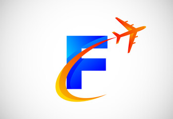 Initial F alphabet with a swoosh and airplane logo design. Suitable for travel companies or business