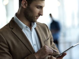 Aufkleber - Technology, communication and businessman with tablet reading email, sales report or global networking. Research, company leader with vision and online administration in management at startup office.
