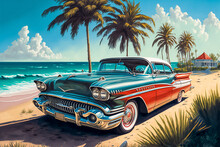 Illustration Of Luxury Vintage Car At The Beach, AI-Generated Image.