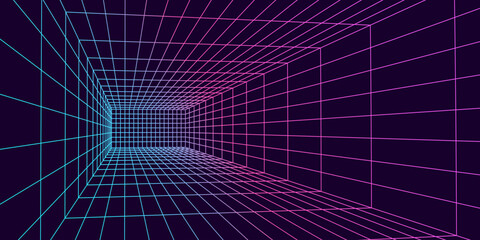 Poster - 3d wireframe room colorful on dark background. abstract perspective grid. vector illustration.