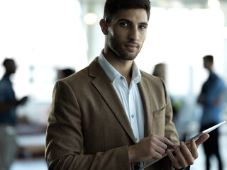 Aufkleber - Technology, face and portrait of businessman with tablet, confident business leader in Saudi Arabia. Research, leadership and agency ceo networking, online communication in management at startup.