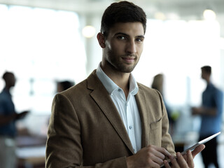 Aufkleber - Technology, face and portrait of businessman with tablet, confident business leader in Saudi Arabia. Research, leadership and agency ceo networking and online b2b communication management at startup