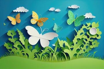 Fluffy clouds on blue sky background butterflies vector illustration