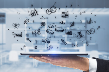 Poster - Close up of businessman hand holding tablet with digital business sketch and money drawing on blurry office interior background. Market, success, management and investment concept.