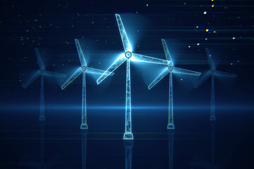 Poster - Eco global planet solution and green energy concept with digital glowing windmills on abstract dark background with bright spots. 3D rendering