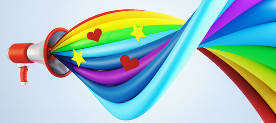 Poster - Creative loudspeaker with colorful sound wave on white wallpaper. Voting, lgbt and fighting for your rights concept. 3D Rendering.