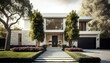 Luxury Beverly Hills Mansion house with Stunning Pool and Garden View. Modern Minimalist Design. Generative ai illustration