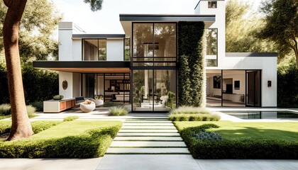 luxury beverly hills mansion house with stunning pool and garden view. modern minimalist design. gen
