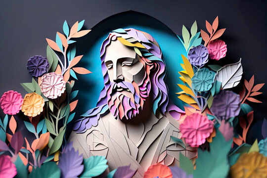 Wall Mural - Jesus Christ paper cut with a beautiful flower floral pastel paper craft for love, congratulation or celebration events. Generative AI.