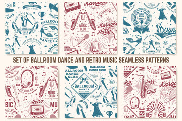 Poster - Retro music club and ballroom dance sport club seamless pattern. Background with shoes for ballroom dancing, man, woman, retro microphone, saxophone, audio cassette, classical acoustic guitar