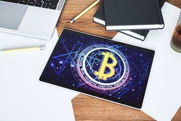 Poster - Creative Bitcoin concept on modern digital tablet screen. Top view. 3D Rendering