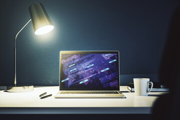 Poster - Abstract creative coding illustration with world map on modern computer monitor, international software development concept. 3D Rendering