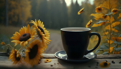 Wall Mural - Hot cup of tea or coffee and sunflowers.