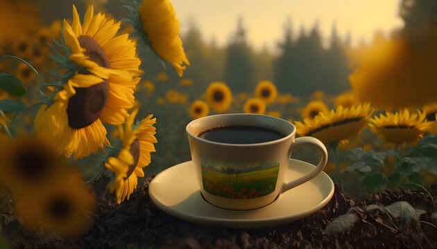 a cup of coffee in the autumn morning, coffee in the morning and yellow sunflower flowers and autumn forest view 