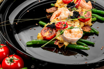 Wall Mural - Omelet with shrimp, caviar and grilled tomatoes on a bed of green beans and bacon