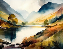 A Lake District Inspired Digital Watercolour Landscape Scene