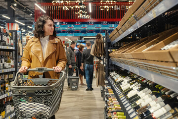 Wall Mural - a woman with a trolley makes purchases in a supermarket