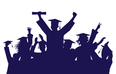 Wall Mural - Cheerful graduate students with diploma and academic caps, silhouette. Graduation at university or college or school.  Vector illustration.