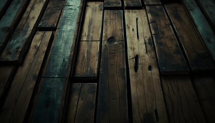 Wall Mural - image of a wooden table on an abstract dark background with light in the center