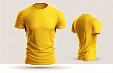 Sticker - Yellow male T-shirt template invisible model body, empty crewneck shirt front and back view